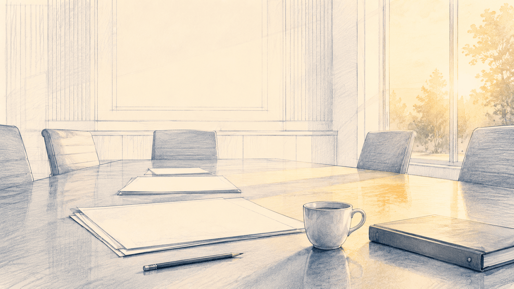Pencil sketch of a conference room table prepared for a board-ready strategic plan presentation
