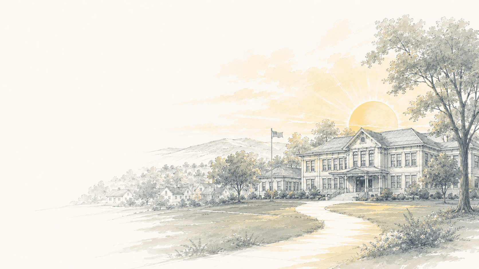 Watercolor illustration of a school building at sunrise