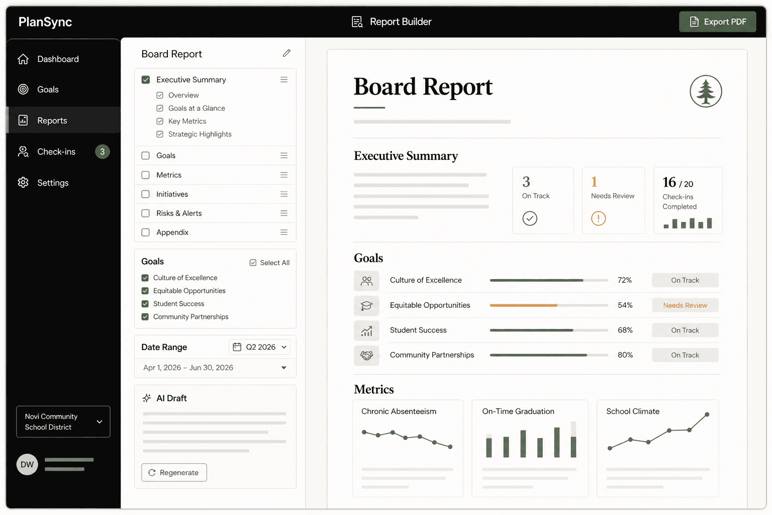 PlanSync report builder preview for board-ready strategic plan reporting